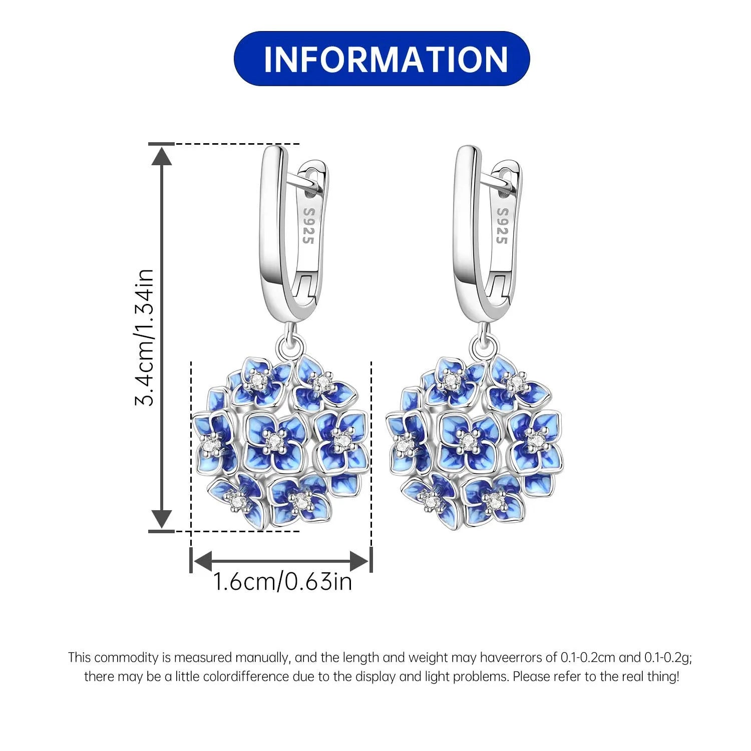 925 Sterling Silver Blue Hydrangea Flower Drop Earrings Anniversary Jewellery Gift