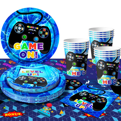 65pc Gamer Birthday Party Decorations Gaming Tableware Set Blue - Ship from UK