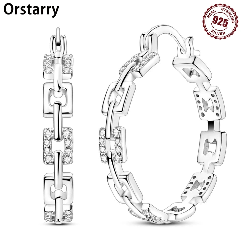 925 Sterling Silver Square Chain Stone Inlaid Hoop Earrings Trendy Jewellery