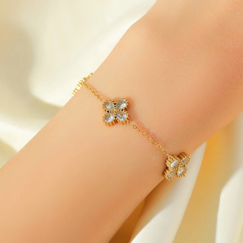 Flower Clover Zircon Stainless Steel Bracelet 2025 Trendy Wrist Chain