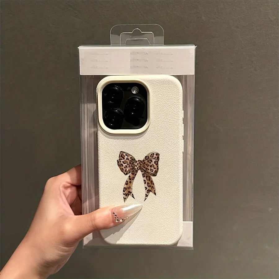 Leopard Print Bow Lychee Case for iPhone 17 16 15 14 Pro Max Plus