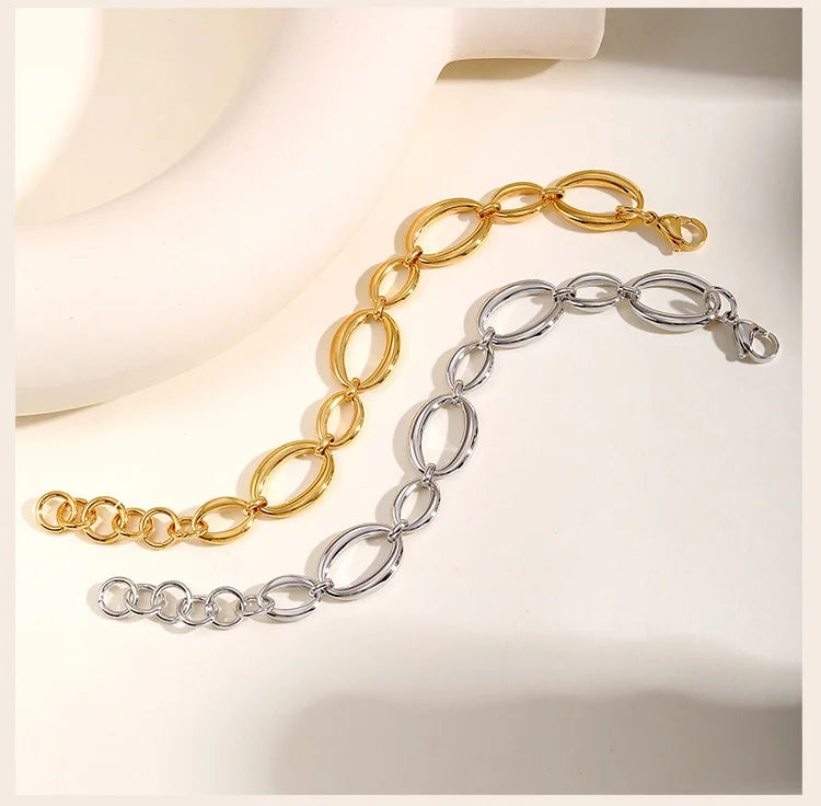 Stainless Steel Oval Fancy Link Chain Bracelets For Women, Chunky Thick Geometric Bangle Hypoallergenic Jewelry