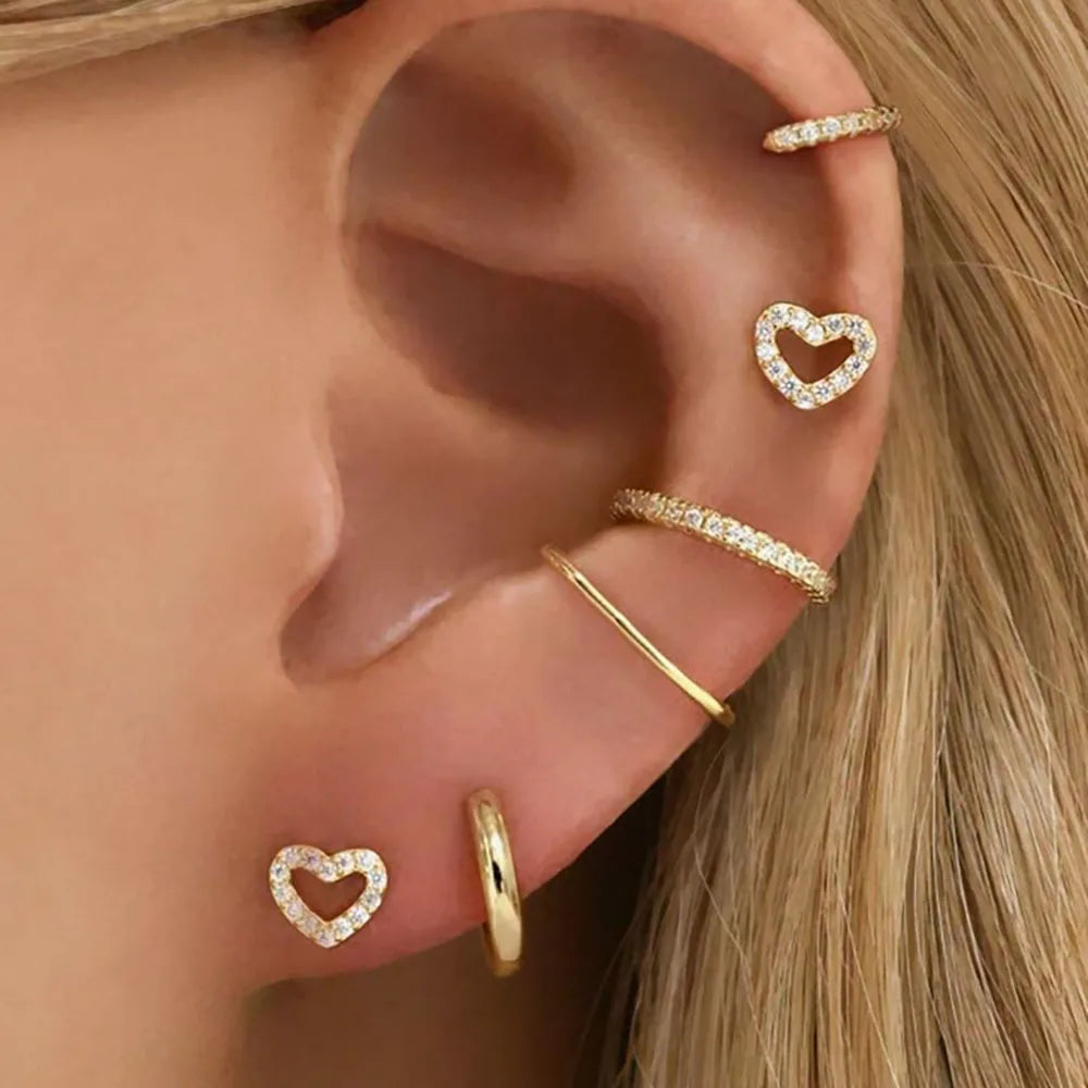 1Pair Stainless Steel CZ Zircon Heart Earrings Gold Colour Studs