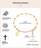 Charm Cubic Zirconia Cross Rosary Bracelet for Women, Stainless Steel  Mary Adjustable Link, Religious Jewelry Gift