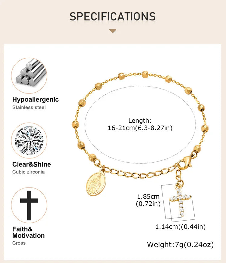 Charm Cubic Zirconia Cross Rosary Bracelet for Women, Stainless Steel  Mary Adjustable Link, Religious Jewelry Gift