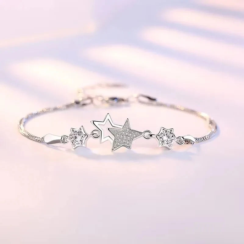 Crystal Star Charm Bracelet 925 Sterling Silver Elegant Wedding Jewellery