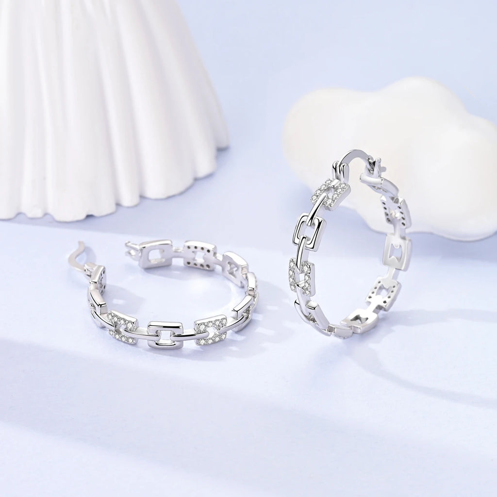 925 Sterling Silver Square Chain Stone Inlaid Hoop Earrings Trendy Jewellery