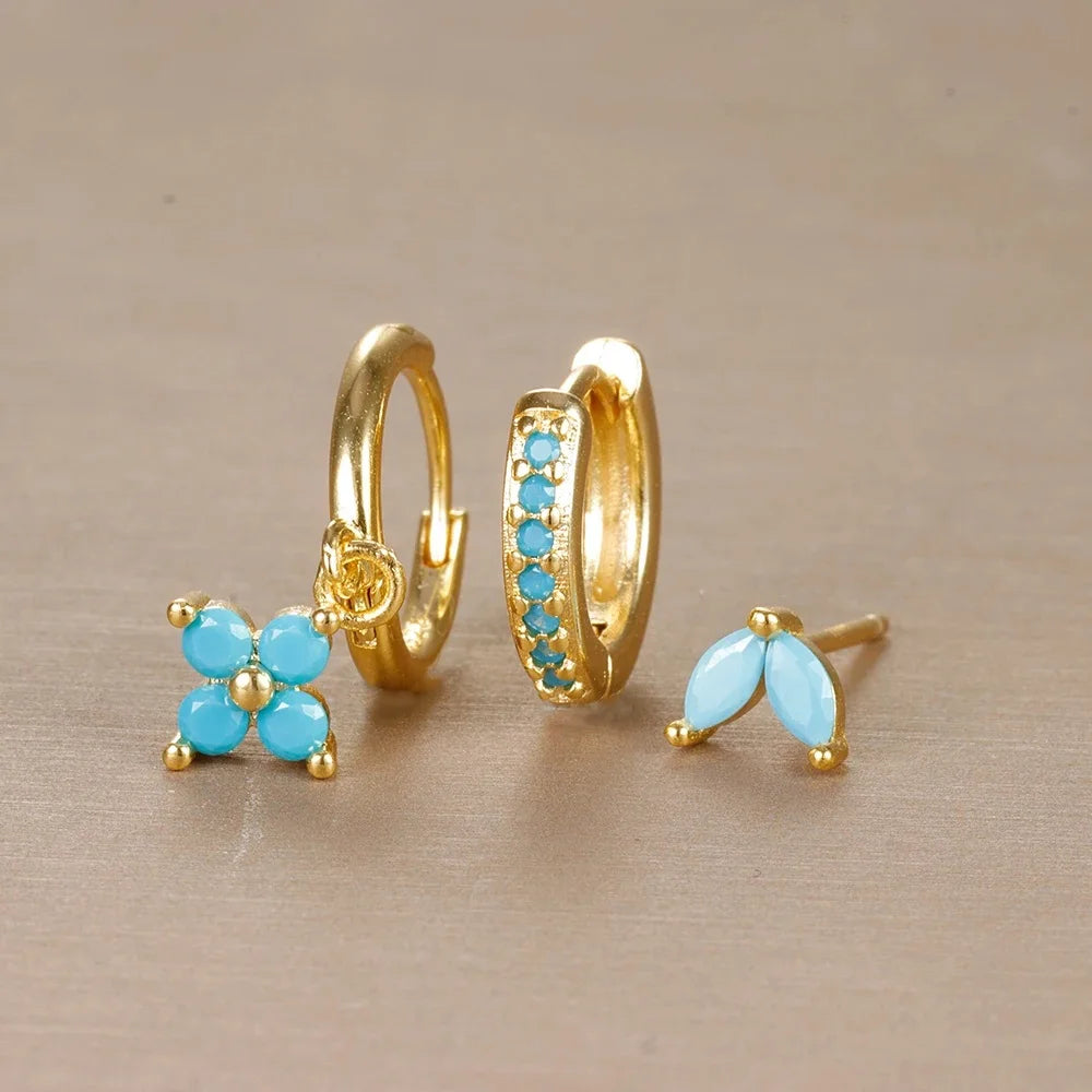 3PCS Trendy Stainless Steel Flower Drop Earring Set Zirconia Dangle