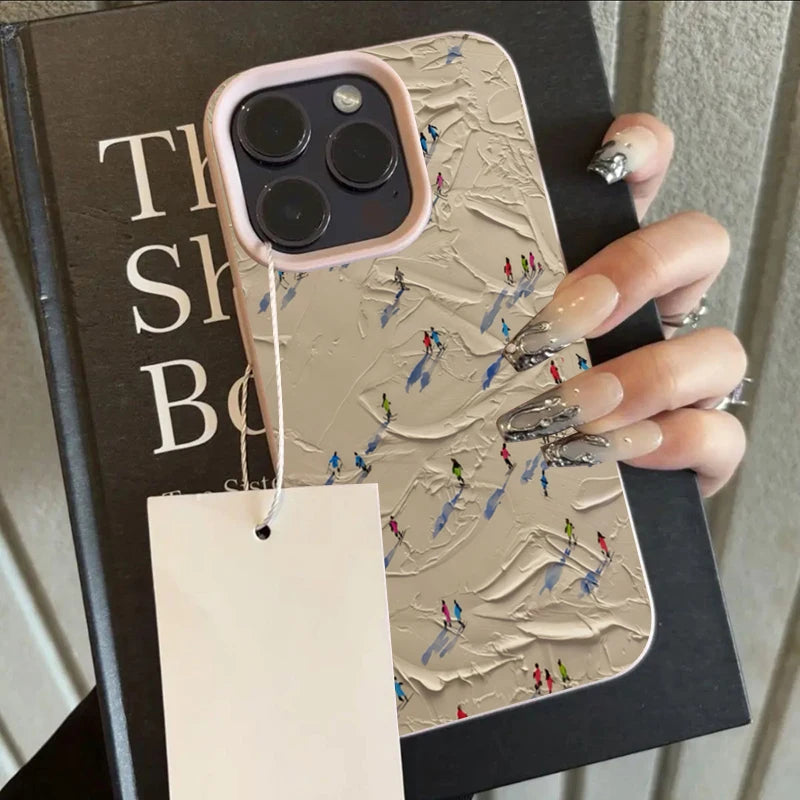 Artistic Skiing Oil Painting Lychee Case for iPhone 17 16 15 14