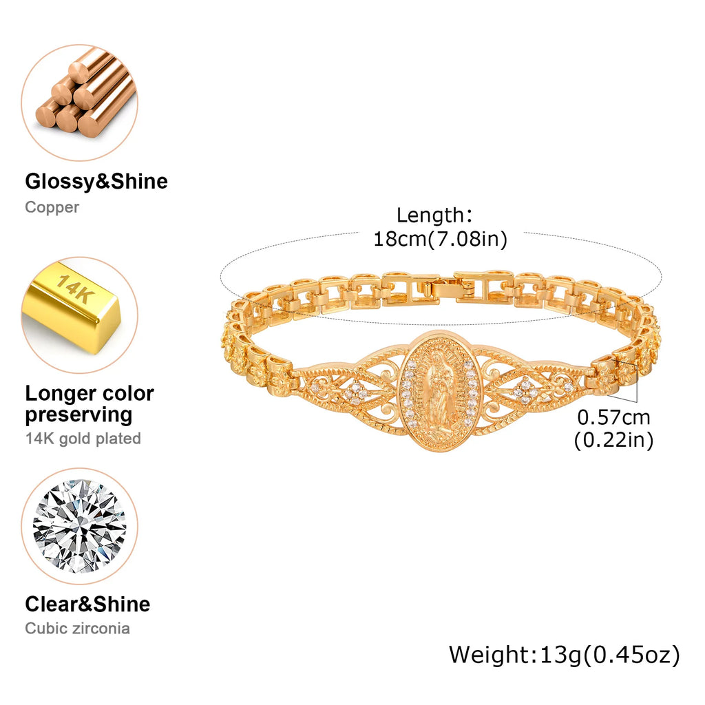 Guadalupe Virgin Mary Bracelet for Women, Zirconia Catholic Bracelet Bangle, Religious Baptism Hypoallergenic Non Tarnish