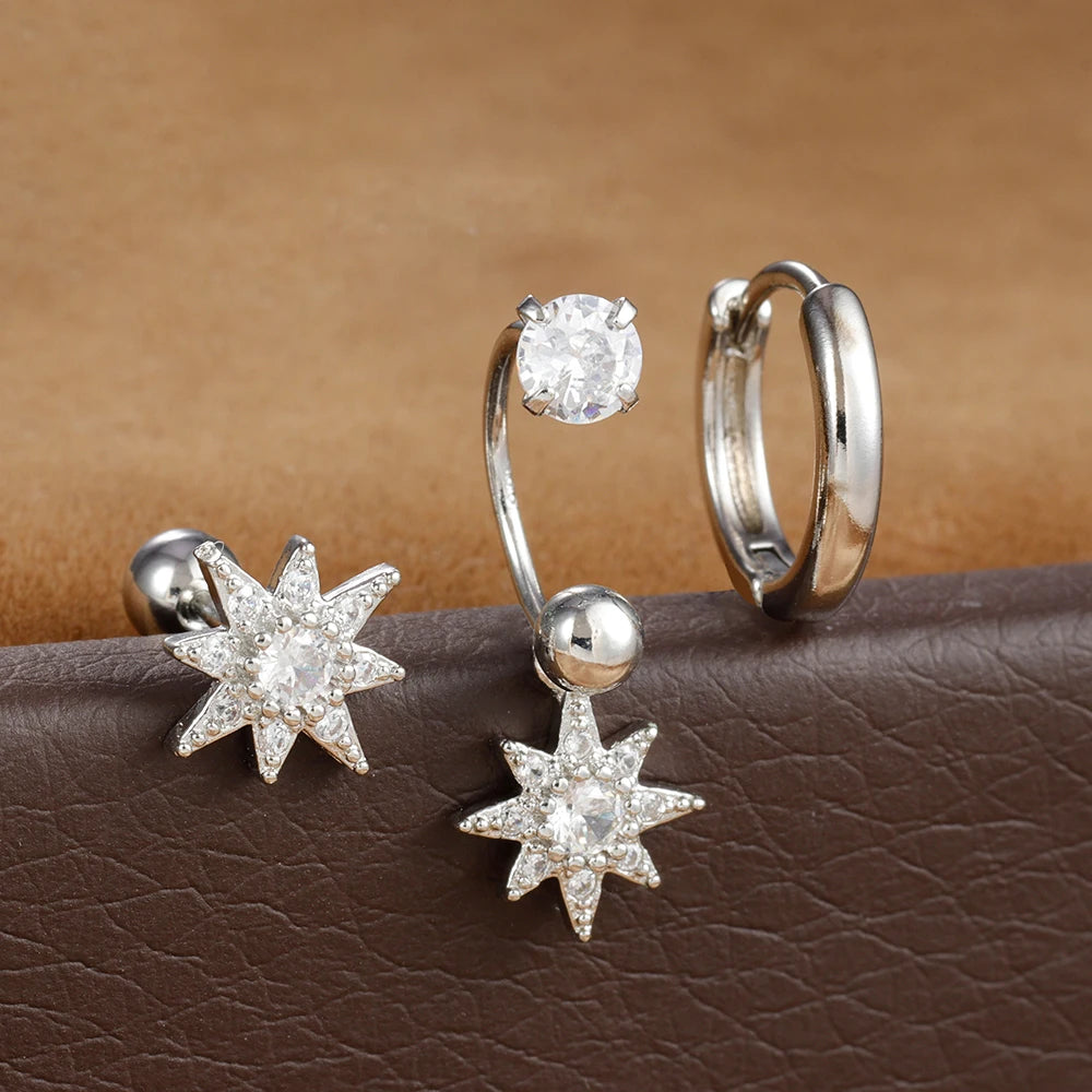 3pcs Stainless Steel Zircon Huggie Hoop Earrings Set Star Moon