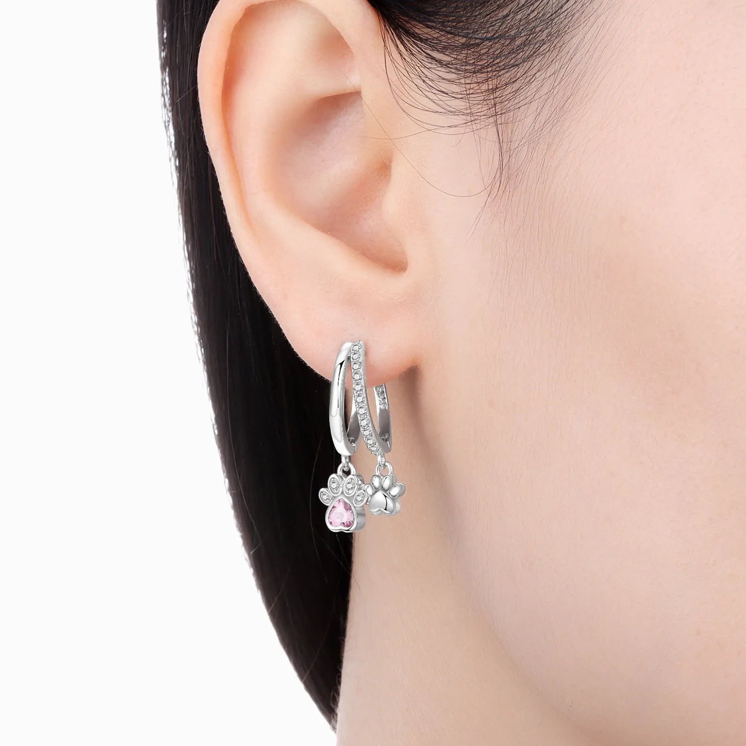 925 Sterling Silver Double Layer Pet Paw Print Drop Earrings Fashion Gift