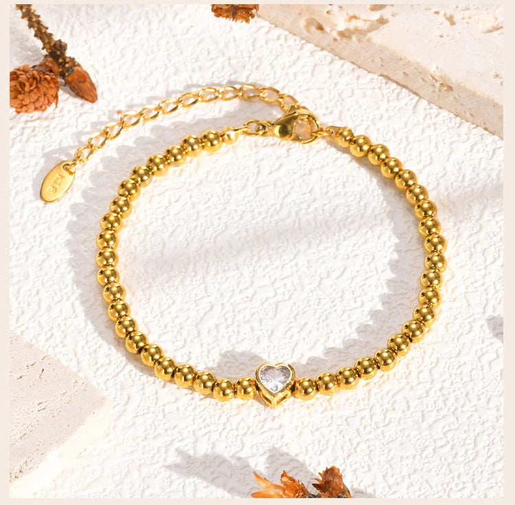 Zirconia Heart Bracelet for Women, Beaded Strand Link Bangle Gold Plated, Stainless Steel Adjustable Bracelets