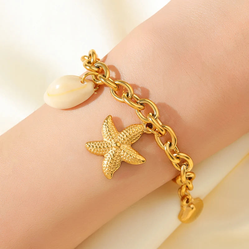 Golden Sun Moon Starfish Stainless Steel Bracelet Handmade Wrist Chain