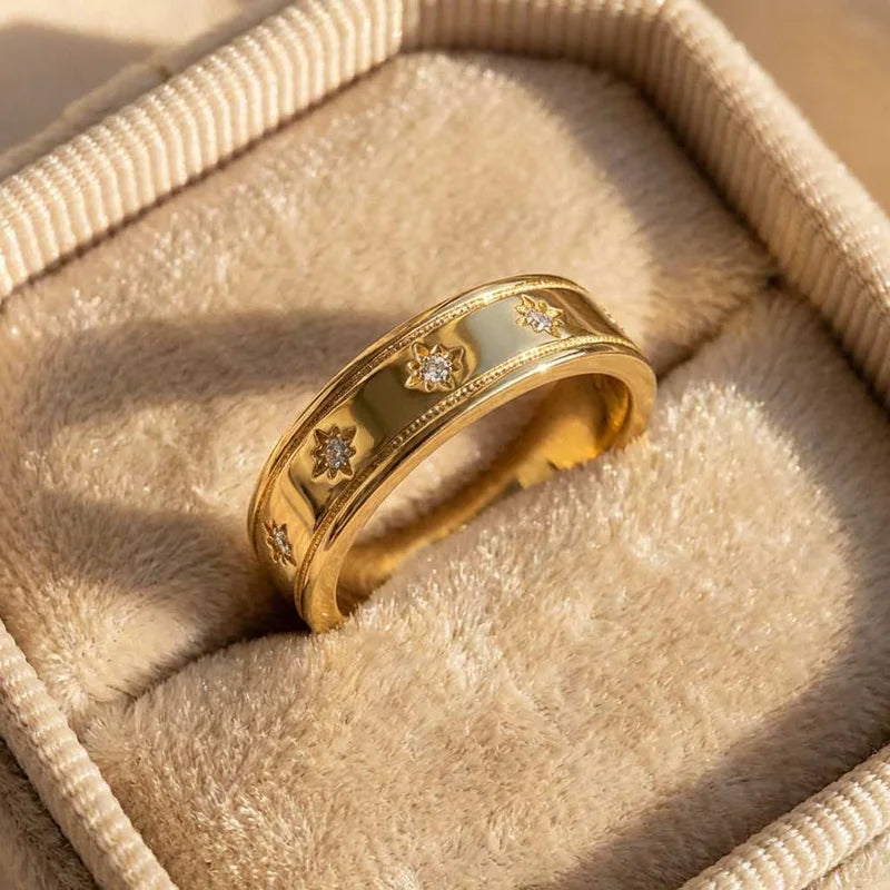 925 Sterling Silver Star Chunky Ring Vintage Trendy Gold Colour Zirconia Punk Accessory