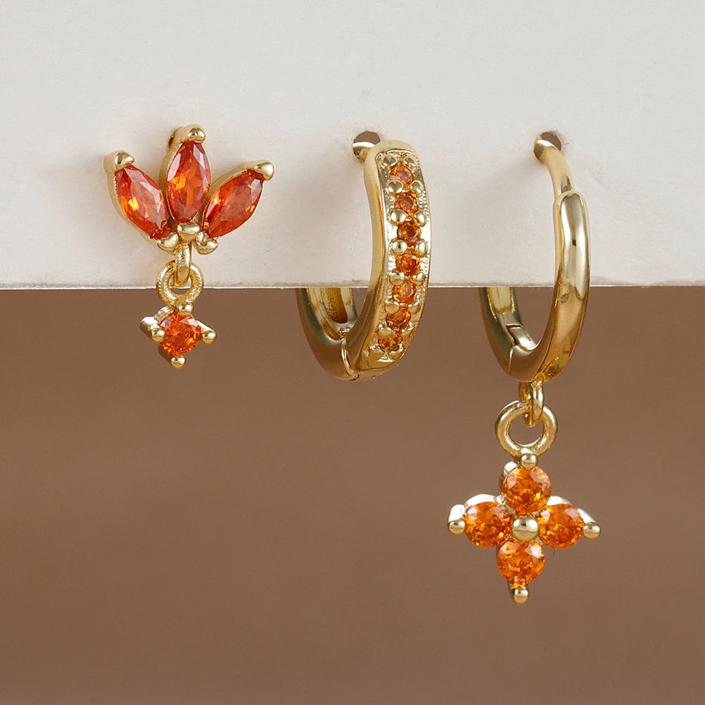 3PCS Fashion Orange Blue Zircon Hanging Earrings Stainless Steel Flower