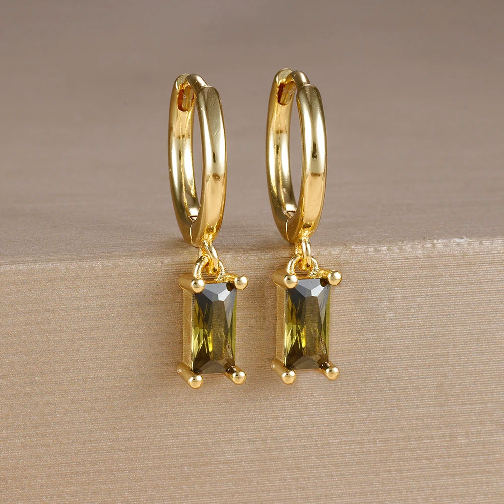Exquisite Green Zircon Flower Hoop Earrings 18K Gold Plated Steel