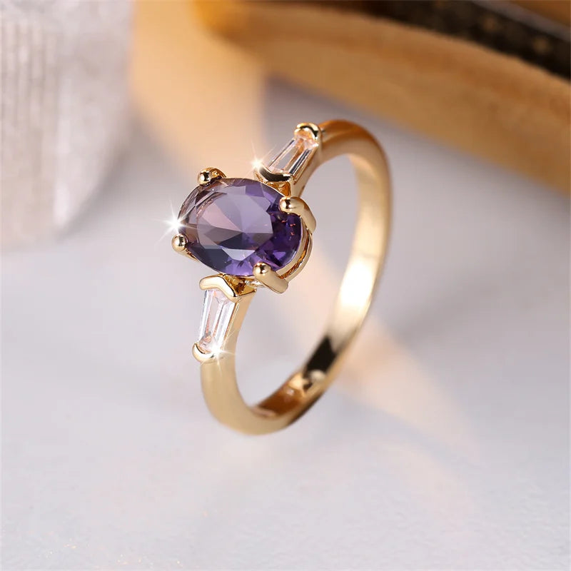 Charm Oval Purple Stone Rings For Women Minimalist Gold Color Zircon Wedding Bands Stacking Engagement Finger Ring Jewelry Gifts