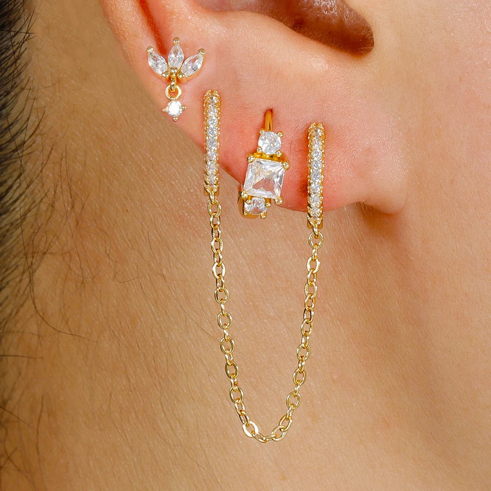 3PCS Sets Stainless Steel Two Hole Hoop Earring Small Leaf Studs
