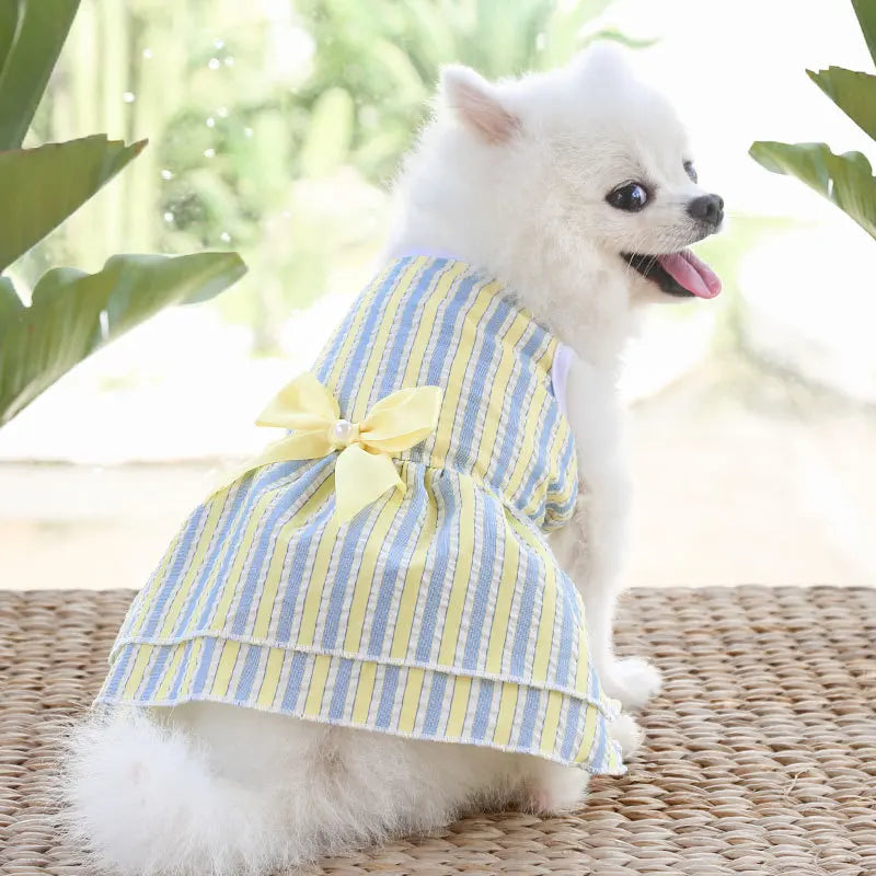 Outdoor Dog Cat Dress with Bow, Cute & Breathable Sundress for Walking, Lightweight Travel Outfit with Bow Tie, Easy Wear for Sm
