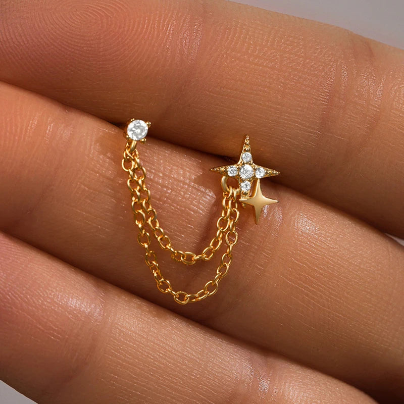 1Piece Stainless Steel Chain Tassel Star Earrings Double Piercing