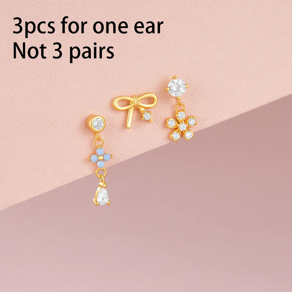 3PCS Stainless Steel Blue Opal Stone Flower Bowknot Petal Piercing