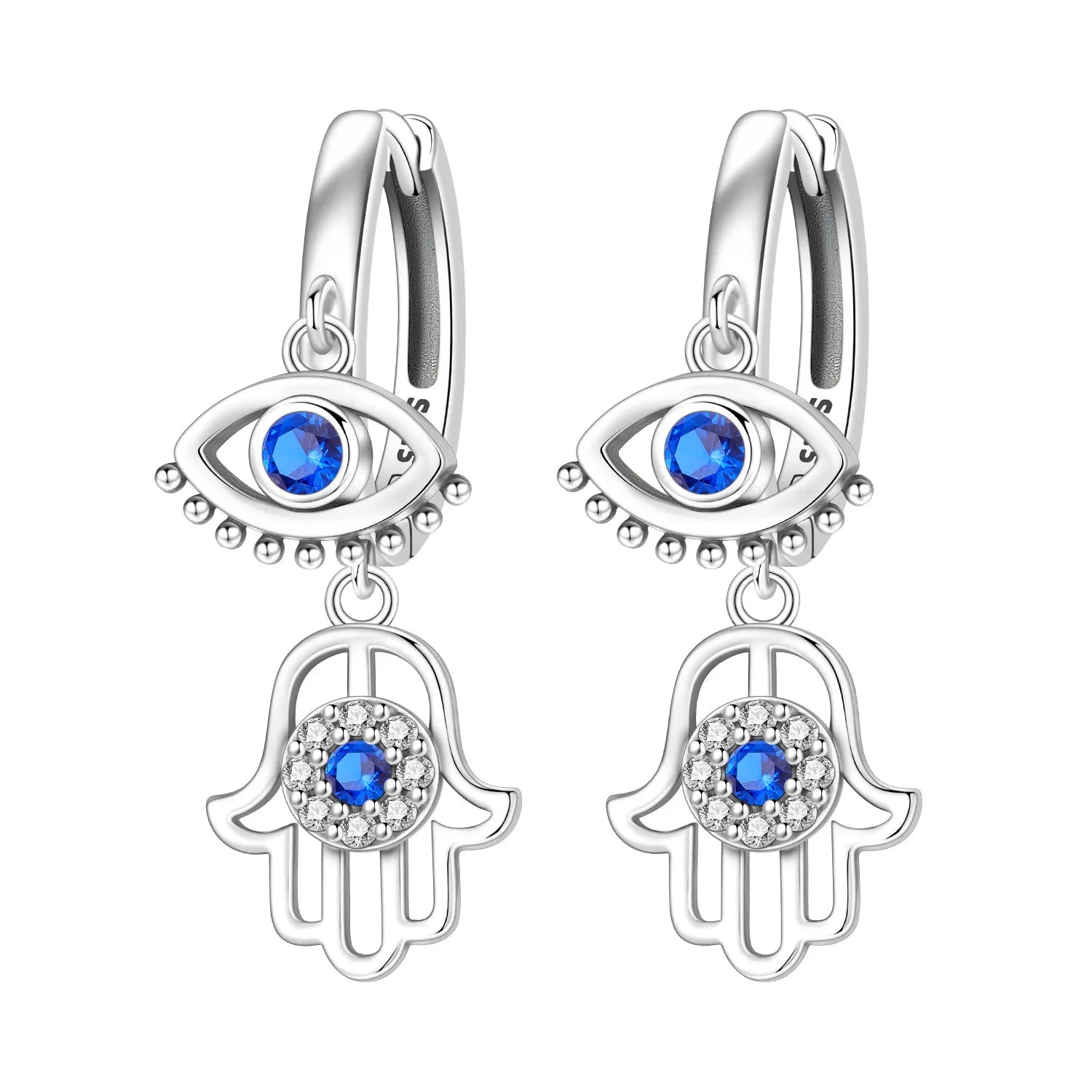 925 Sterling Silver Fatima's Hand Devil's Eye Drop Earrings Trendy Jewellery
