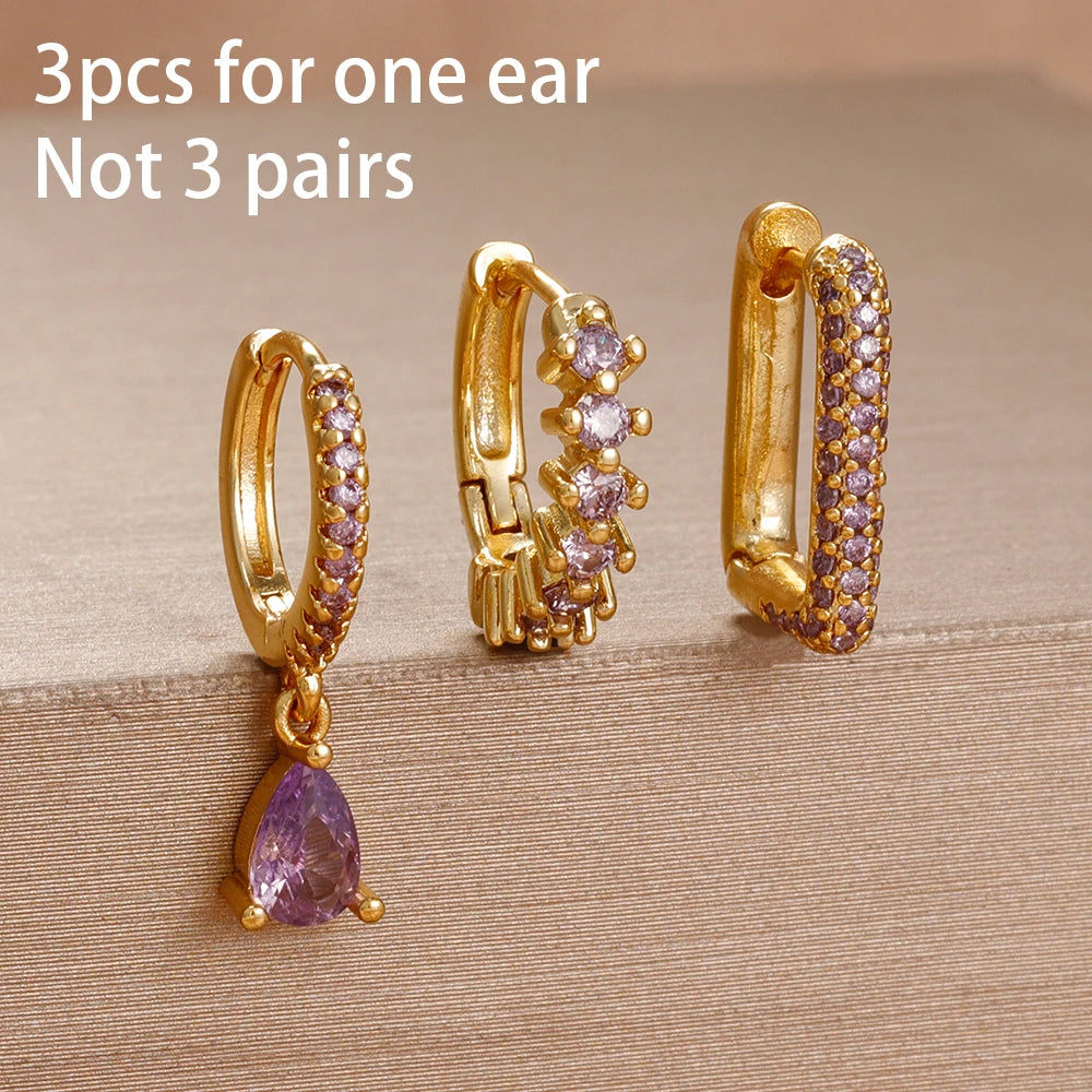 3PCS Purple Zircon Hoop Earrings for Women Stainless Steel Gold Pendant
