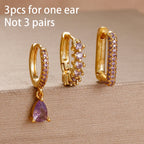 3PCS Purple Zircon Hoop Earrings for Women Stainless Steel Gold Pendant