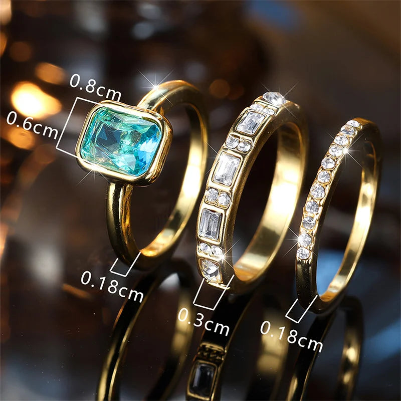 3pcs Aqua Blue Stone Square Triple Ring Set Antique Gold Color White Crystal Stacking Wedding Engagement Rings For Women Jewelry