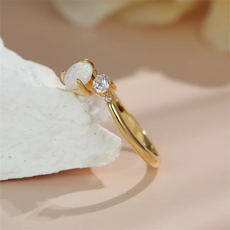 Minimalist Small White Fire Opal Ring Silver Gold Color Zircon Open Adjustable Thin Rings For Women Round Wedding Bands Female