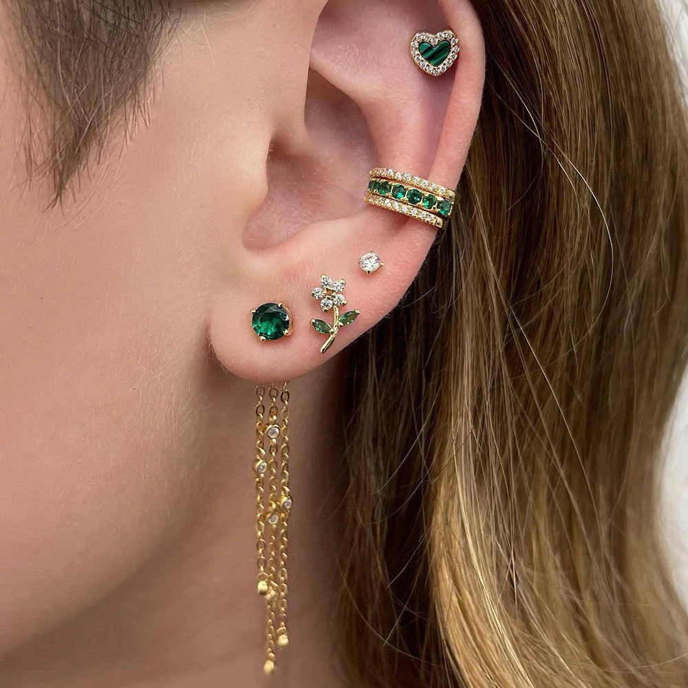 Green Zircon Tassel Chain Stainless Steel Hoop Earrings 18K Gold