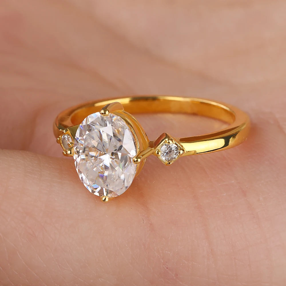 2CT Moissanite Oval Ring Lab Diamond S925 Sterling Silver 18k Gold Plated