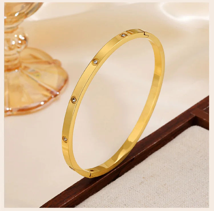 Cubic Zirconia Love Friendship Bracelets,6mm 4mm Women Bangles With CZ Stones, 18K Gold Plated Stainless Steel Jewelry