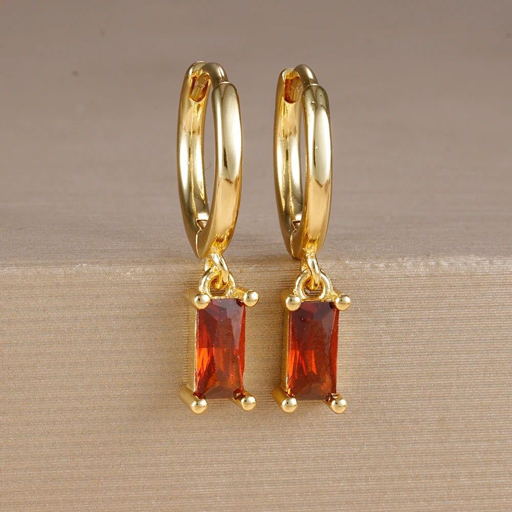 Exquisite Green Zircon Flower Hoop Earrings 18K Gold Plated Steel
