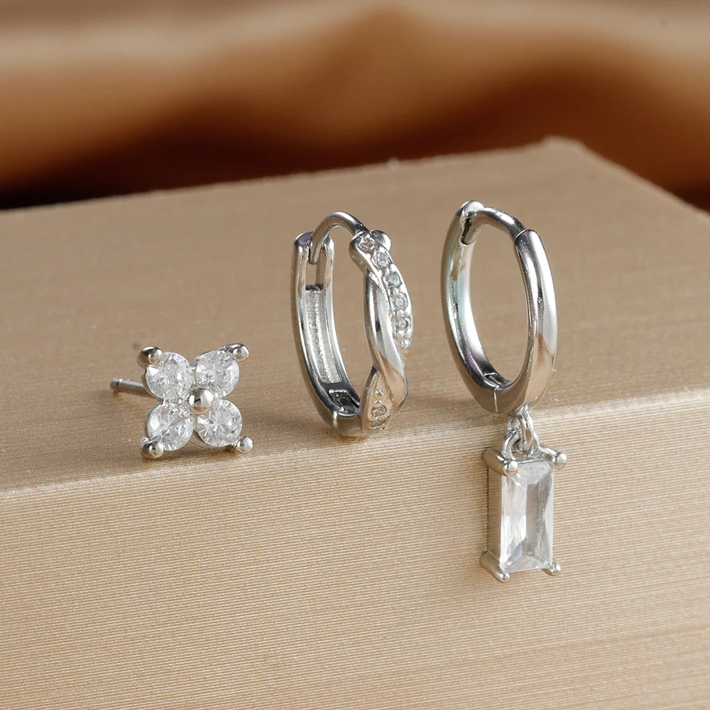 3PCS Trendy Gold Colour Square Zircon Hanging Earring Twisted Circle