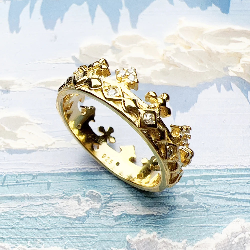 Golden Crown Ring 925 Sterling Silver Summer Classic Fine Jewellery Women