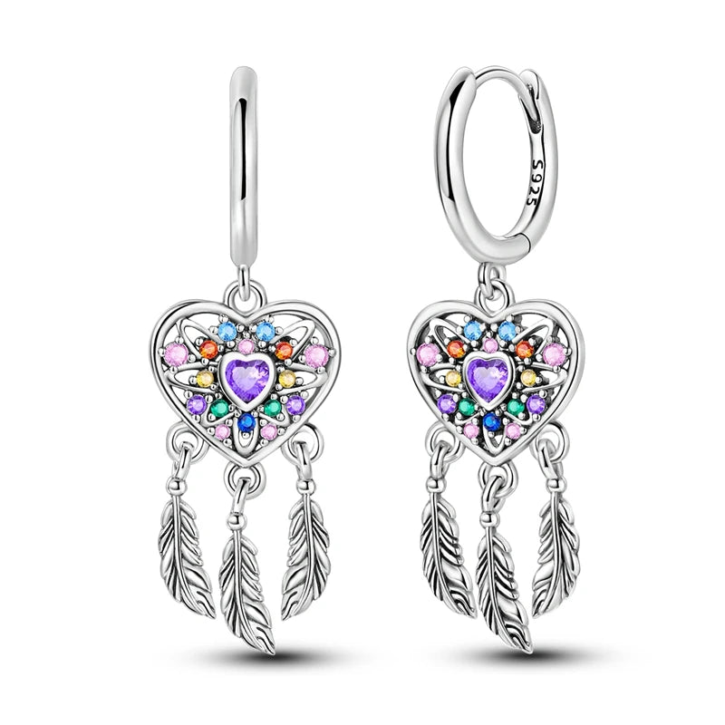 925 Sterling Silver Dreamcatcher Feather Ear Studs Hoop Earrings Jewellery Gift