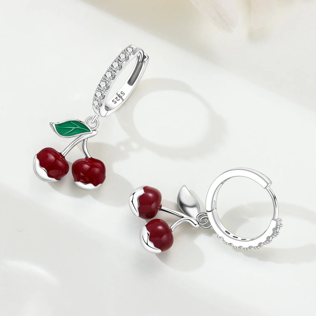 925 Sterling Silver Red Cherry Fruit Key Lock Drop Earrings Trendy Jewellery