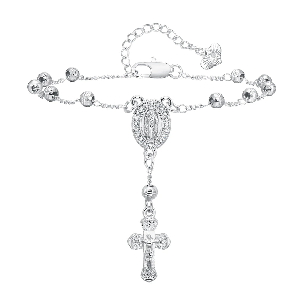Stainless Steel Virgin Mary St Benedict Cross Bracelet, Bead Chain Bracelet Women Religious Jewelry