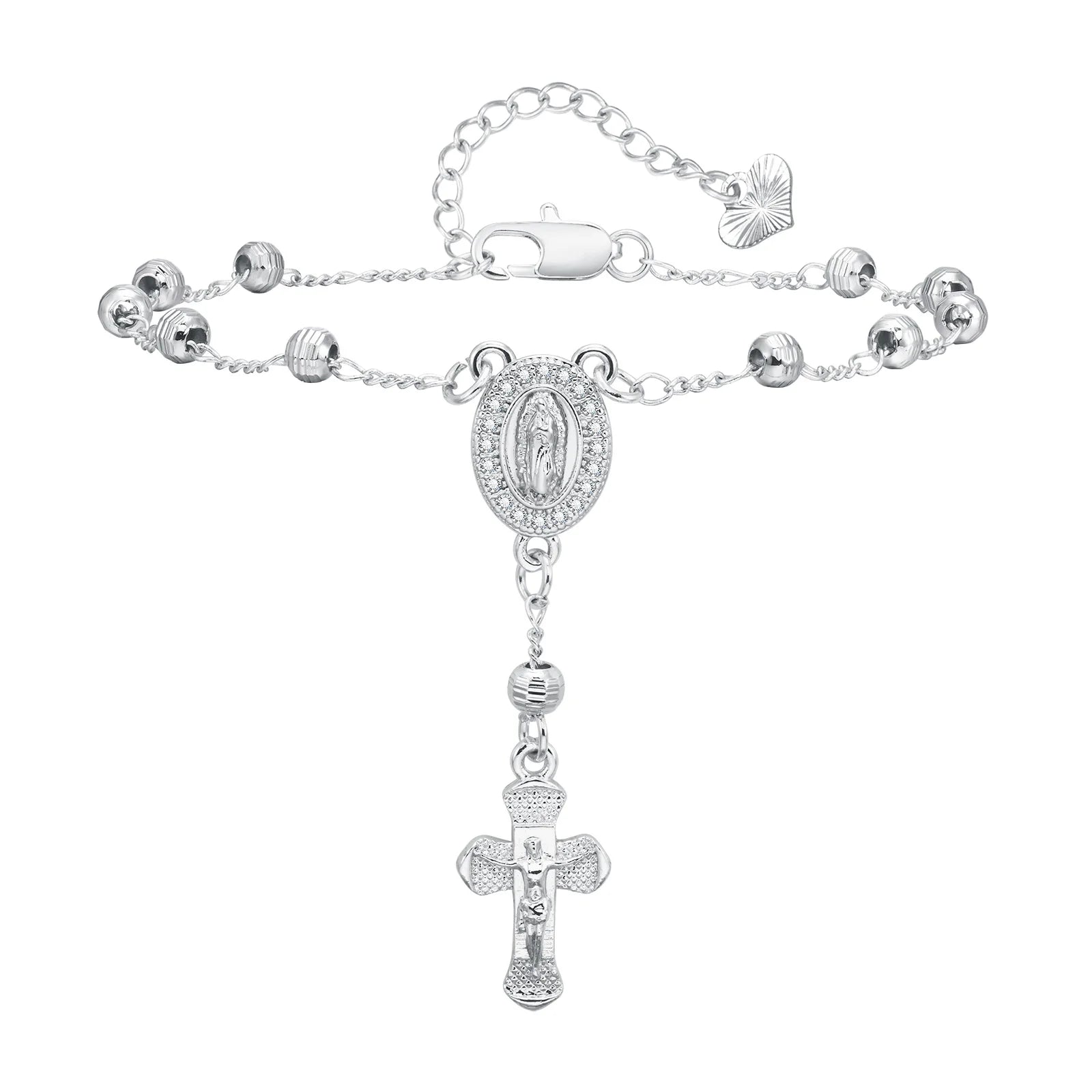 Stainless Steel Virgin Mary St Benedict Cross Bracelet, Bead Chain Bracelet Women Religious Jewelry