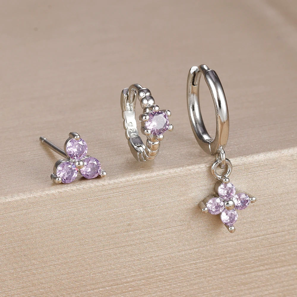 3PCS Trendy Gold Colour Square Zircon Hanging Earring Twisted Circle