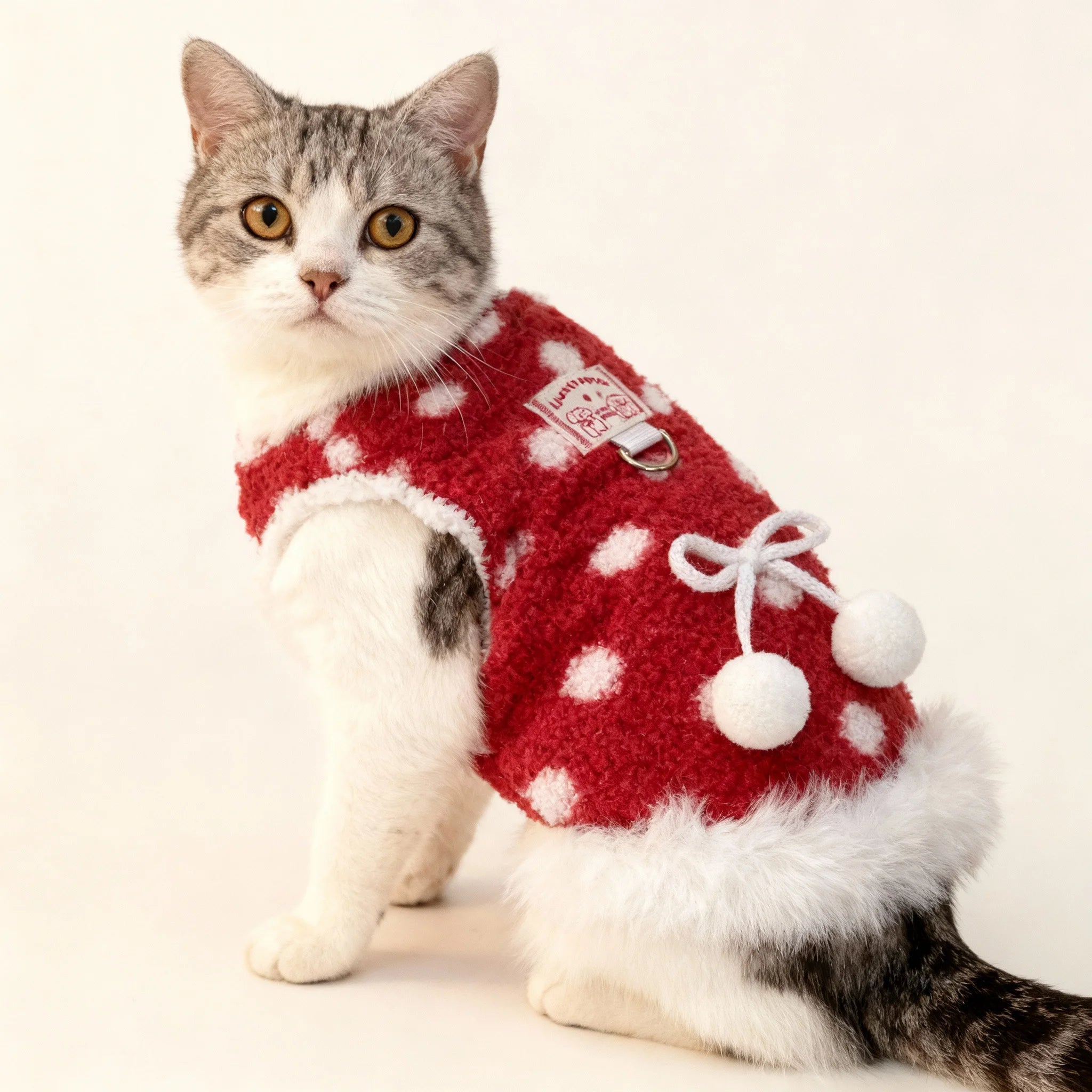 Cute Red Cherry Dog Vest, Soft Plush Pet Harness Vest with Leash Ring, Warm Puppy Kitten Clothing for Small Medium Cats Dogs