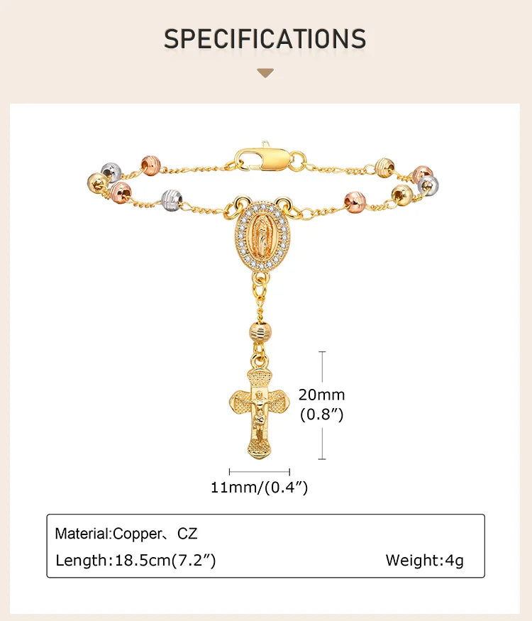 Virgin Mary Rosary Bead Cross Bracelet for Women, Tri-color Adjustable Chain Virgin of Guadalupe Bracelet Baptism Confirmation