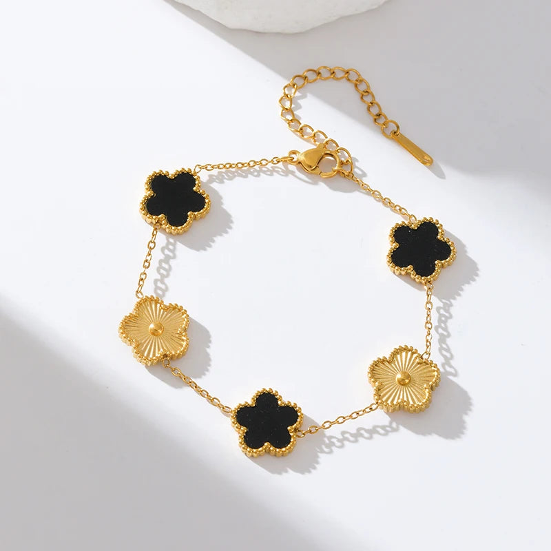 Five Leaf Clover Stainless Steel Bracelet Black Flower Wrist Chain