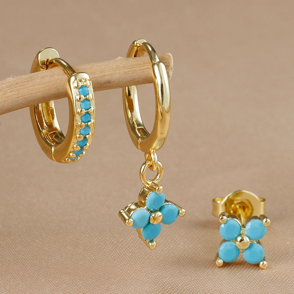3PCS Gold Colour Crystal Zirconia Drop Earrings Flower Dangle Set