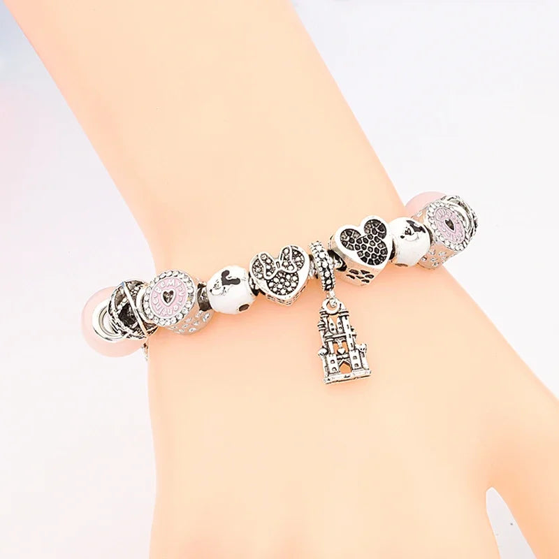 Antique Silver Castle Heart Minnie Mickey Charm Bracelet Pink Crystal Gift