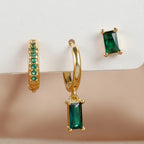 3PCS Exquisite Green Zircon Hanging Earrings Stainless Steel Flower