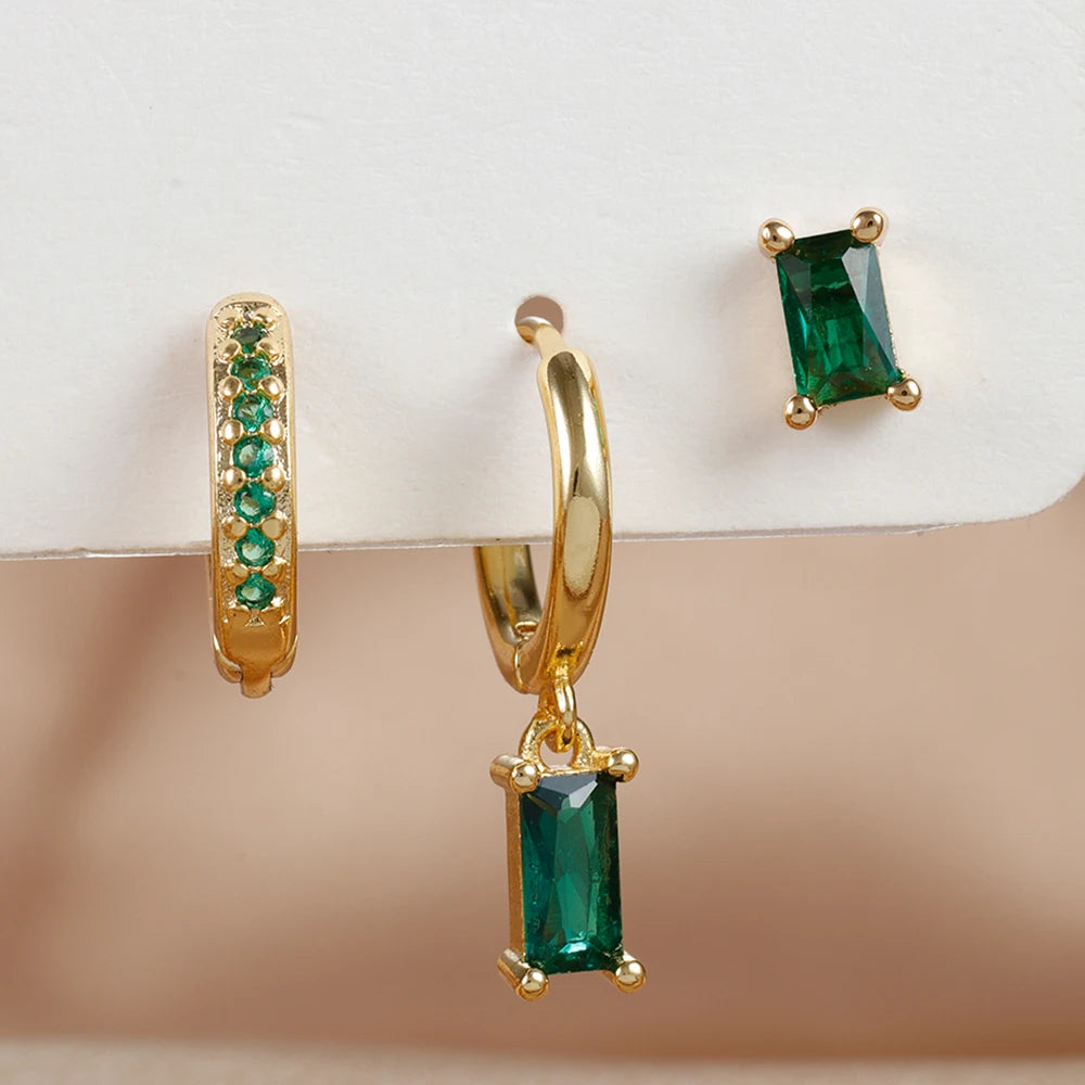 3PCS Exquisite Green Zircon Hanging Earrings Stainless Steel Flower