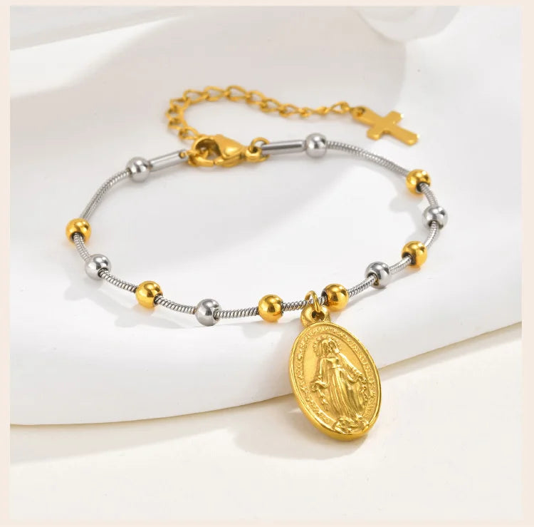 Two Tone Stainless Steel Virgin Mary Bracelet for Women, Rosary Beaded Cross Bracelets, Non Tarnish Religious Jewelry